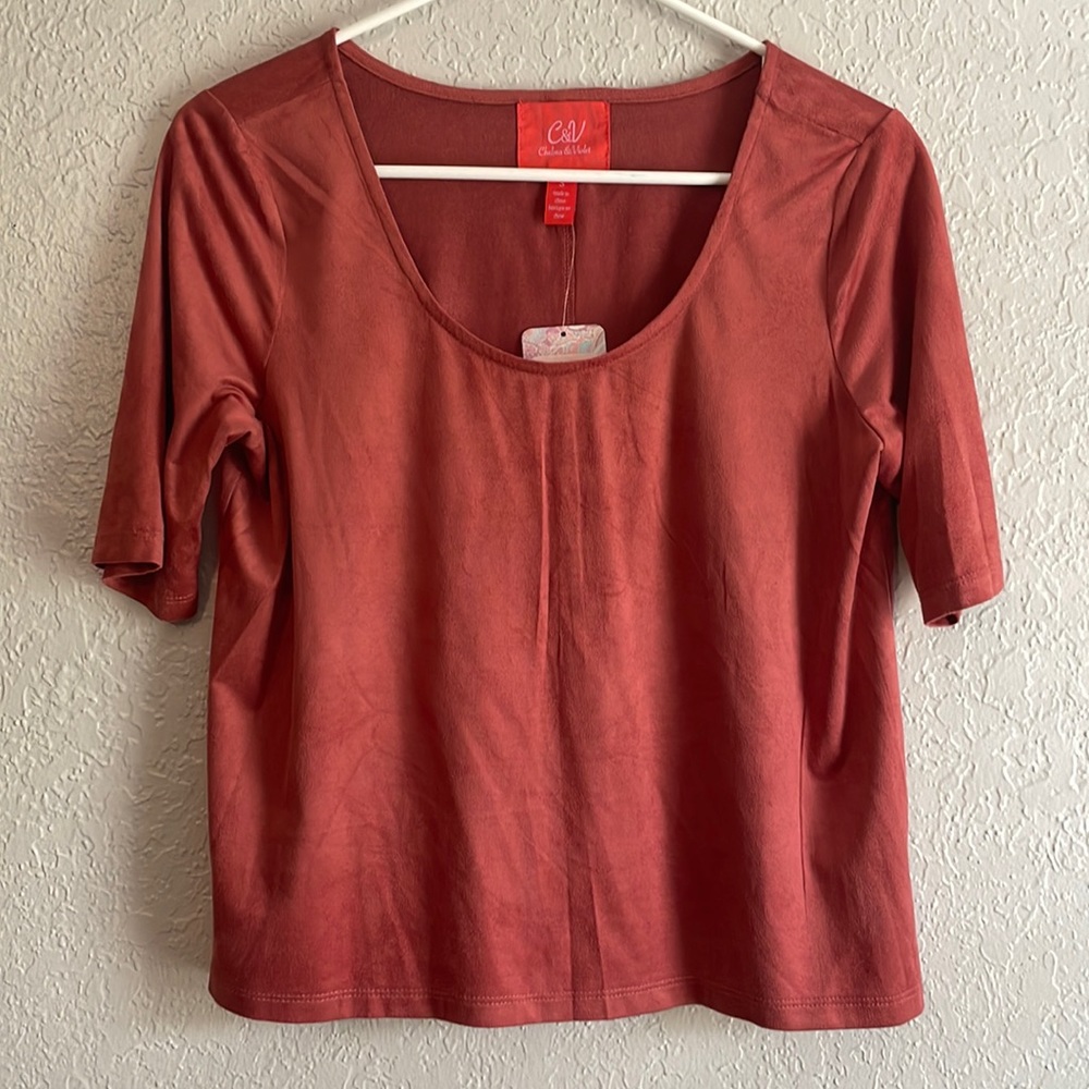 Chelsea & Violet rose colored shirt - 90% polyester and 10% spandex